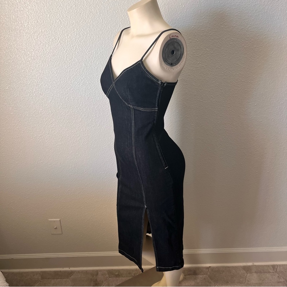 Topshop Black Spaghetti Strap Denim Midi Dress with Slit Front US Size 4 - Picture 4 of 11